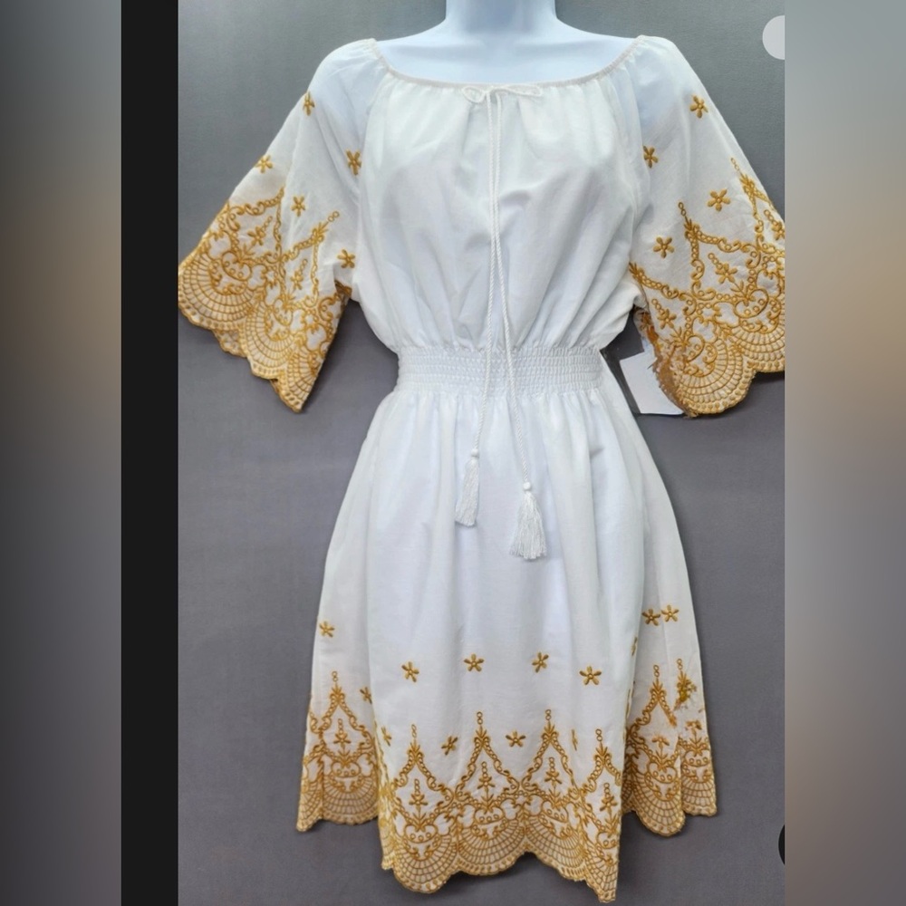 Anthropologie White Dress with Gold Embroidery